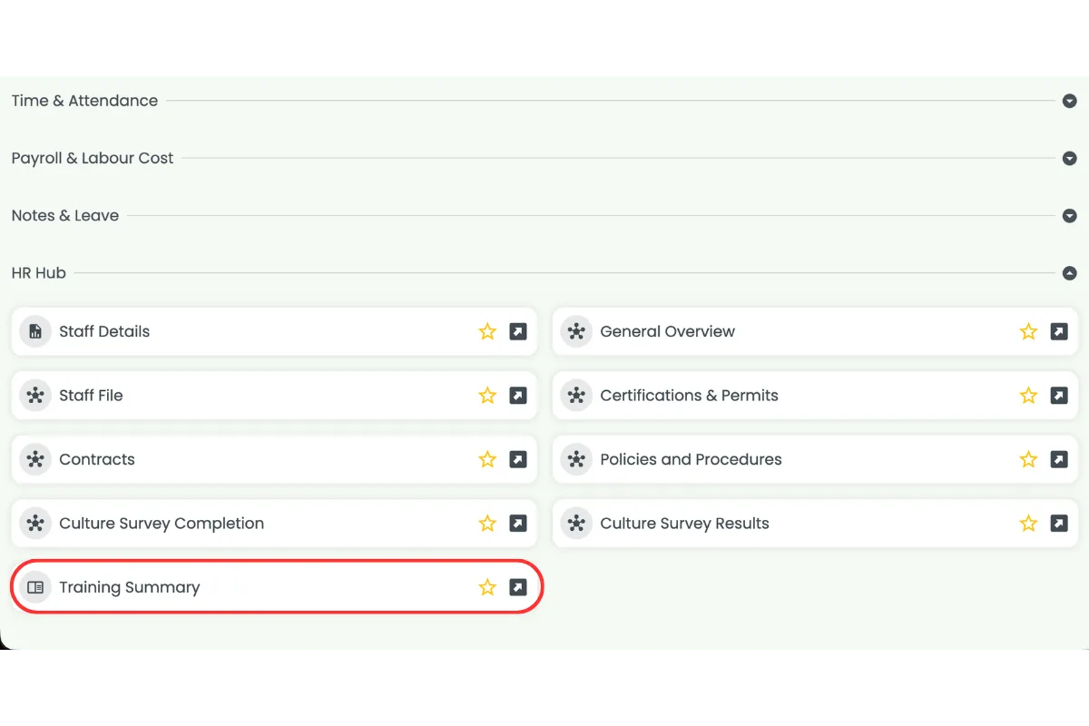 RosterElf Reports HR Hub category expanded with the Training Summary report circled in red