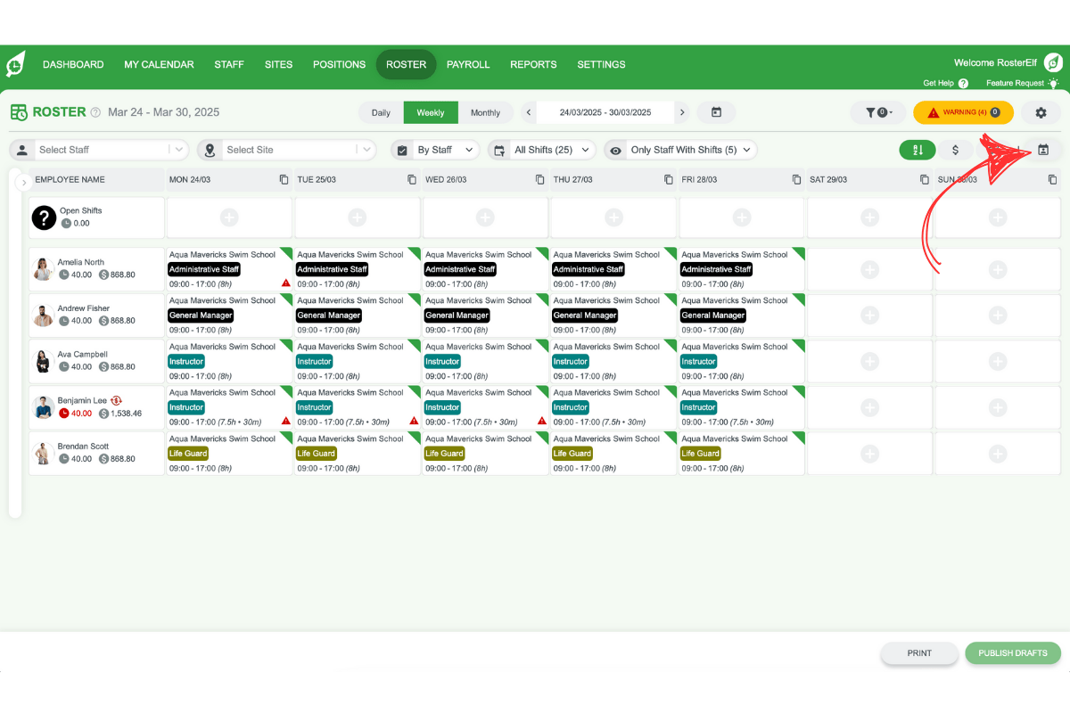 Screenshot showing the availability button in RosterElf