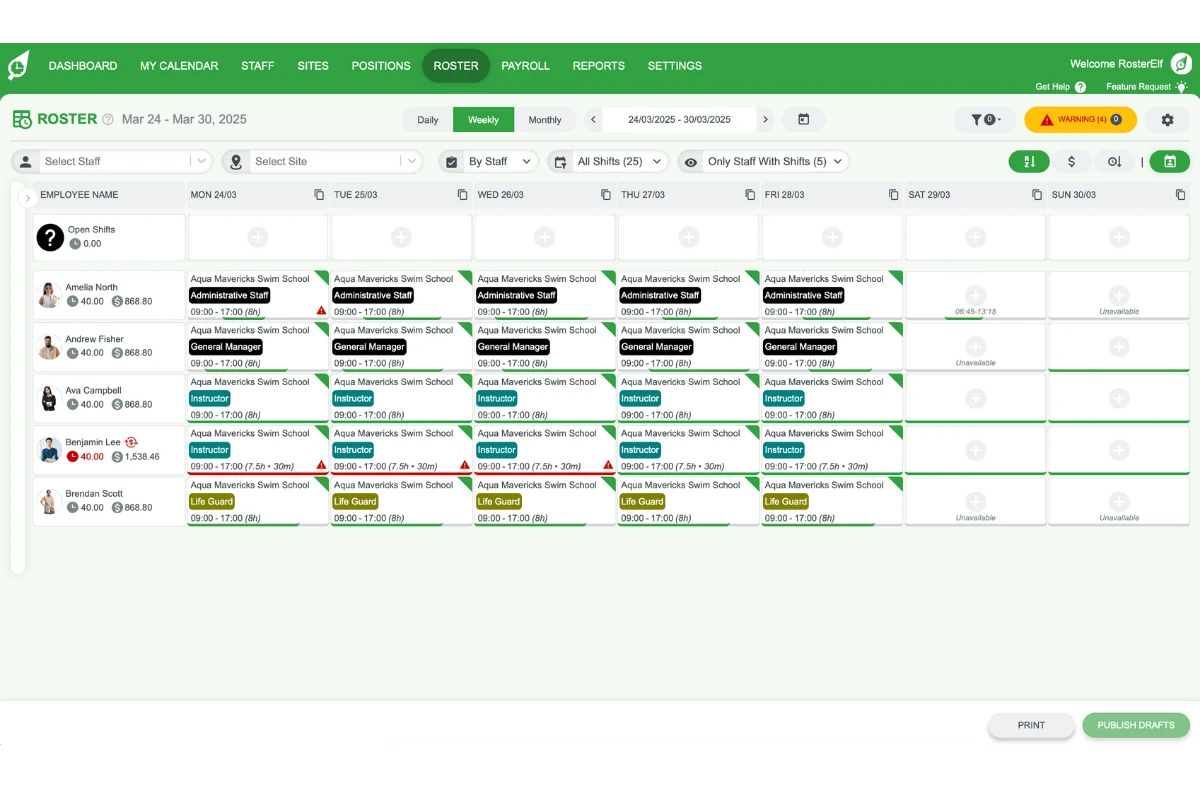 Screenshot demonstrating how the availability and leave overlay looks on the roster