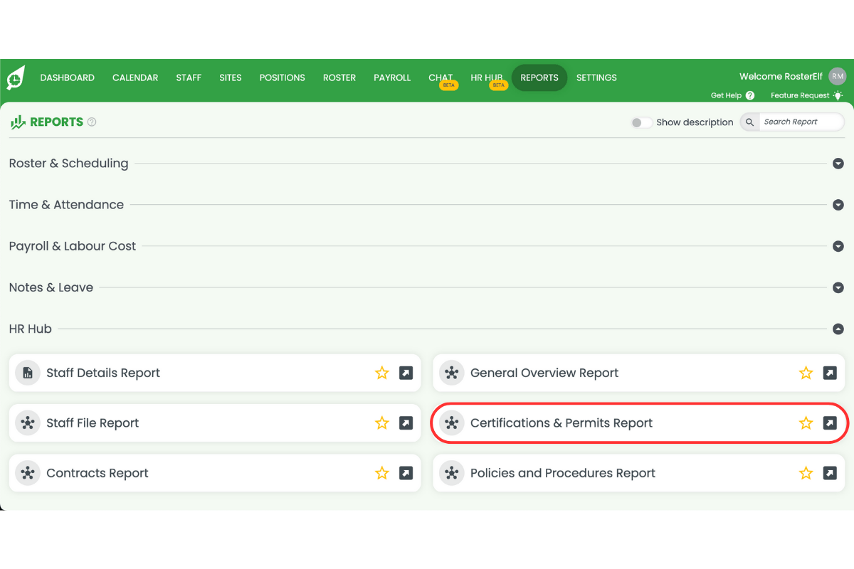 Certificates and permits report selected from HR Hub reports