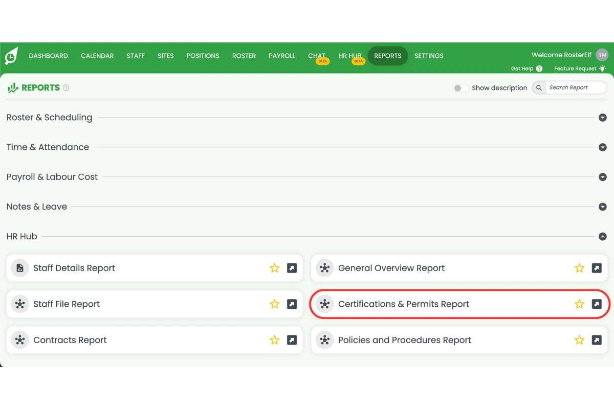 Certificates and permits report selected from HR Hub reports