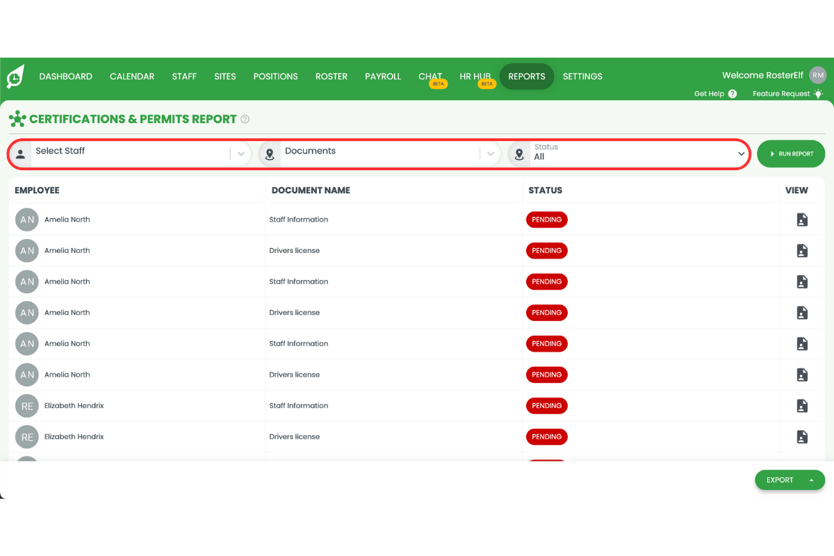 Filter options for the certificates and permits report