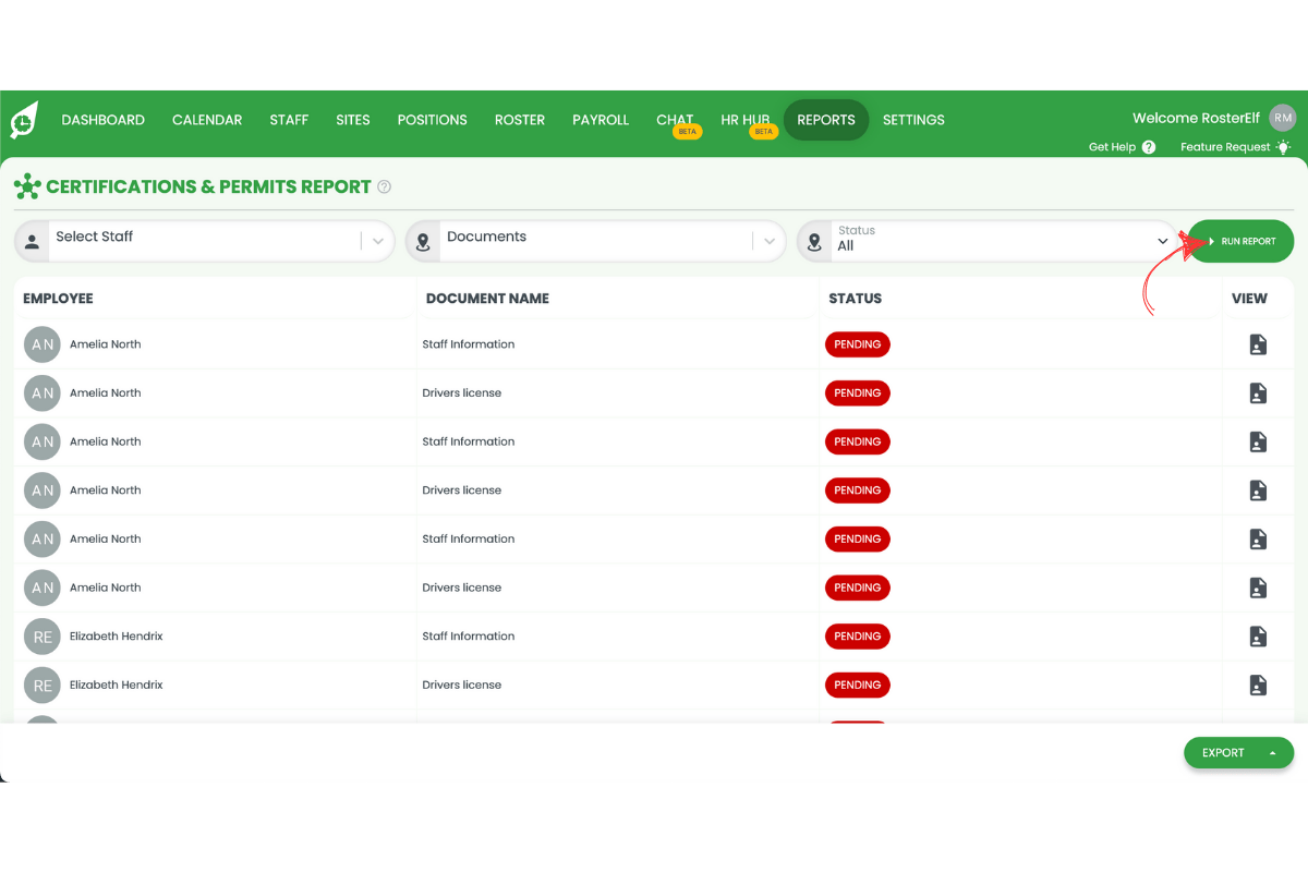 Run report button to generate certificates and permits report