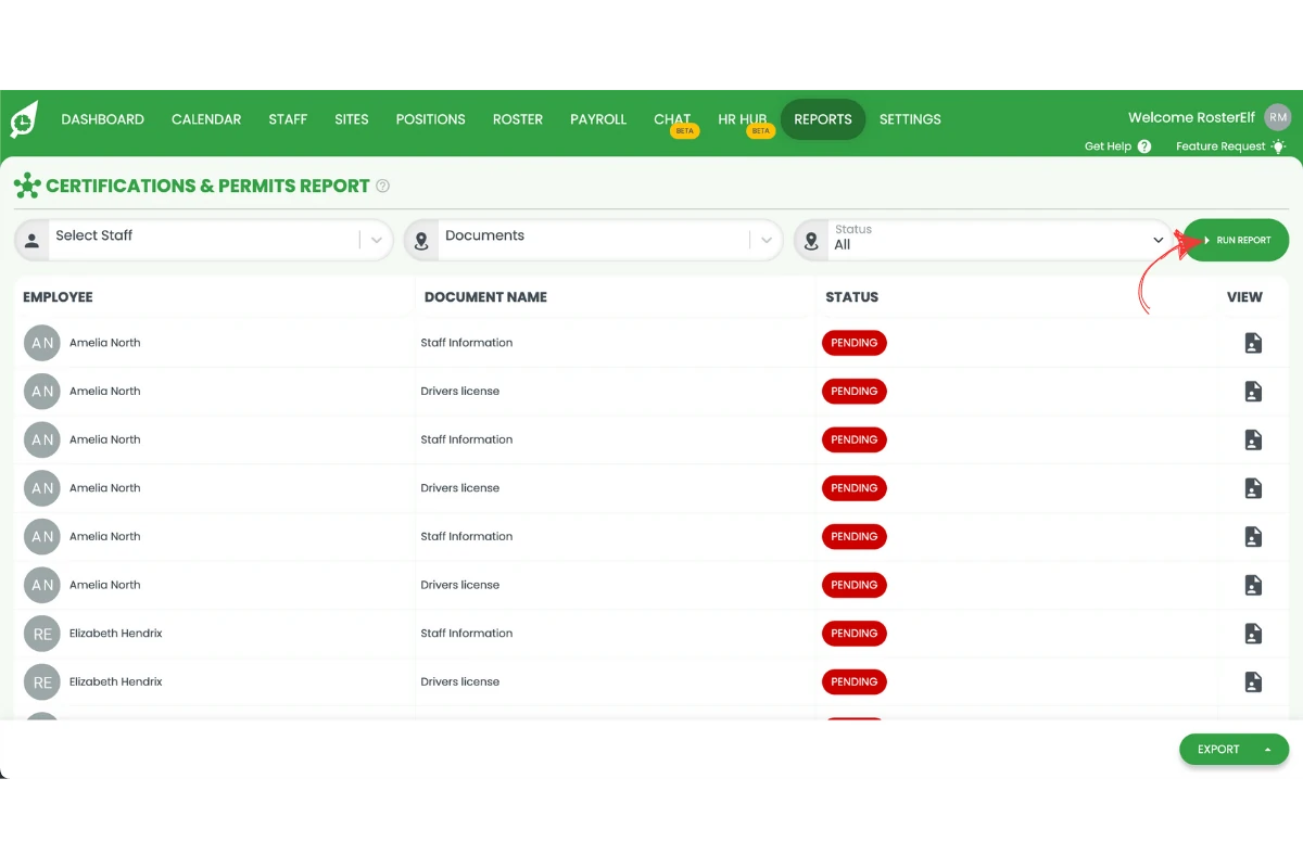 Run report button to generate certificates and permits report