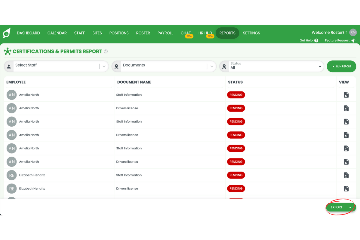 Export button to download the certificates and permits report
