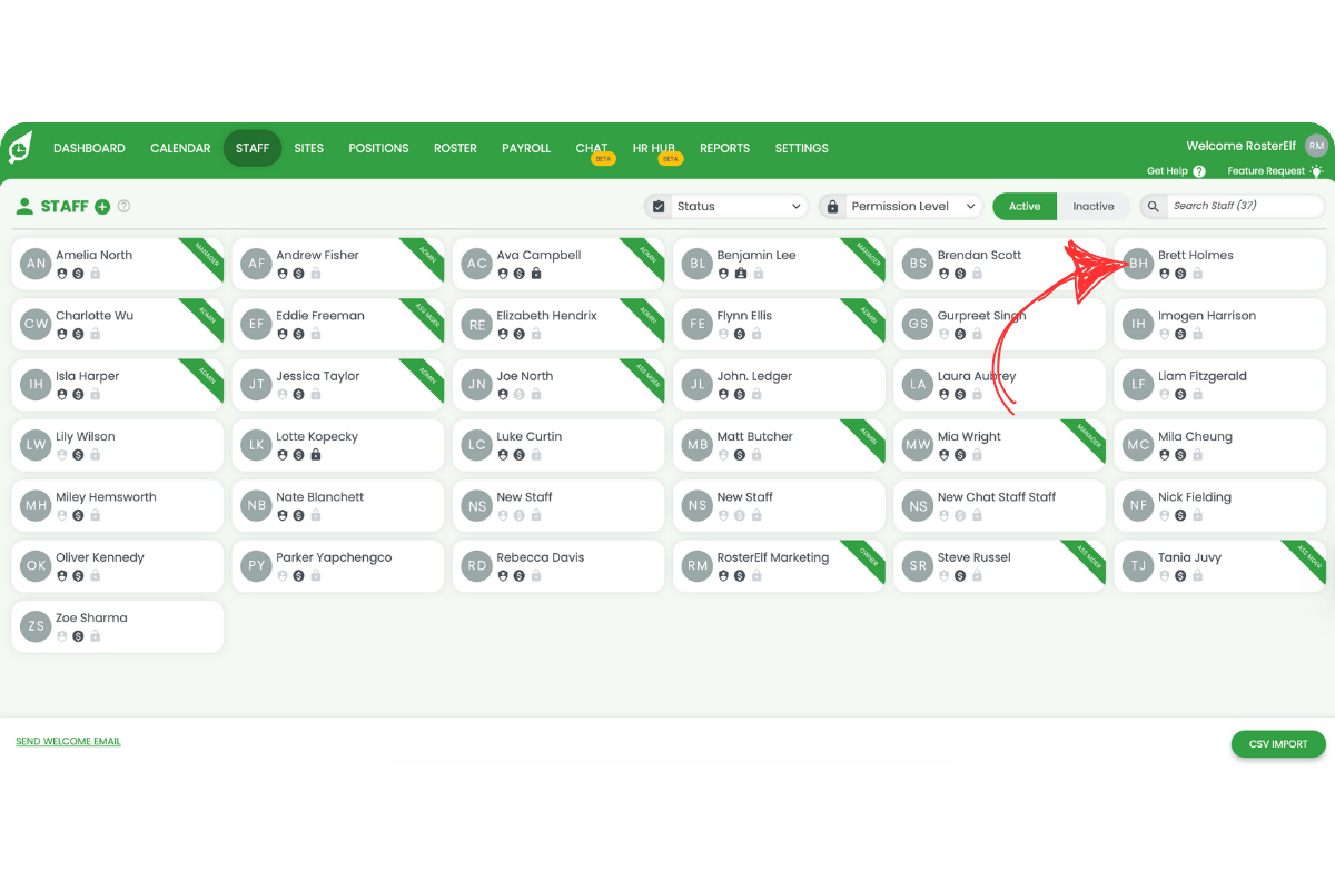 Staff list with employee names clickable to open profile