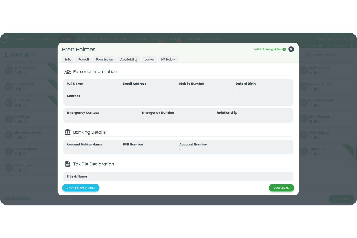 Staff File details showing personal, banking, tax, and superannuation information fields