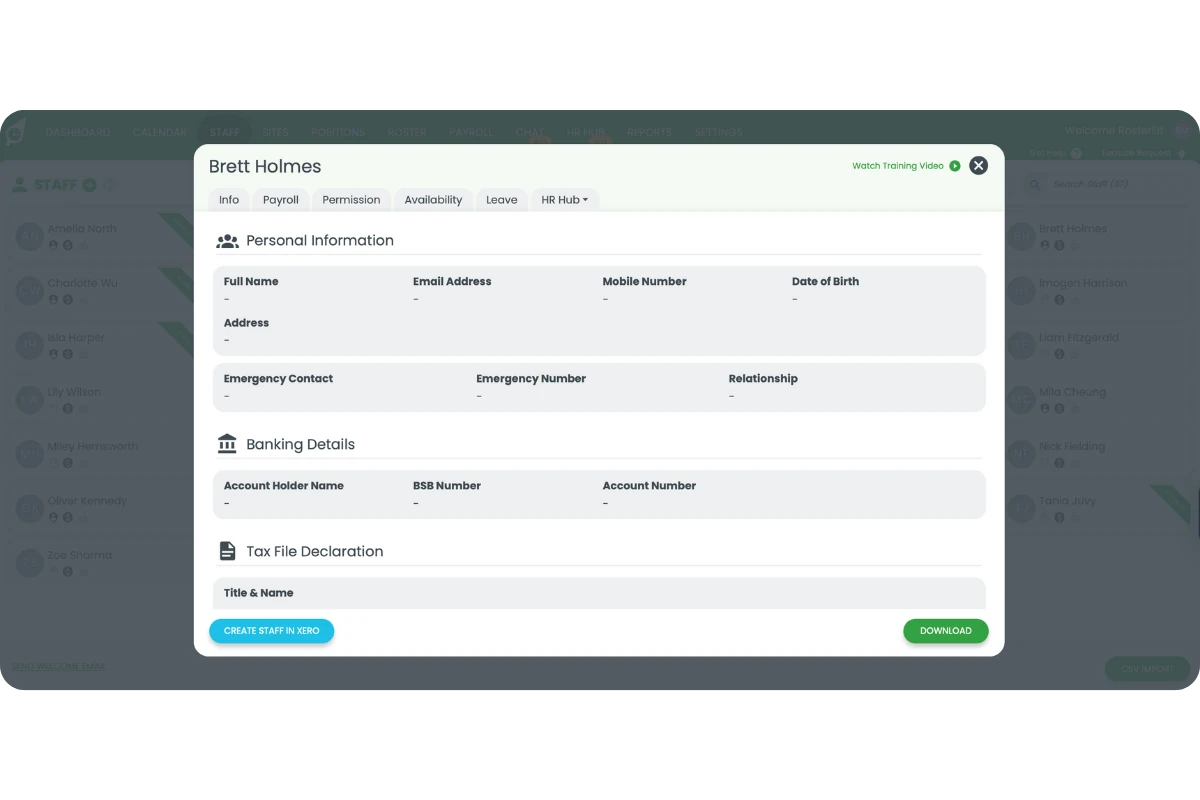 Staff File details showing personal, banking, tax, and superannuation information fields