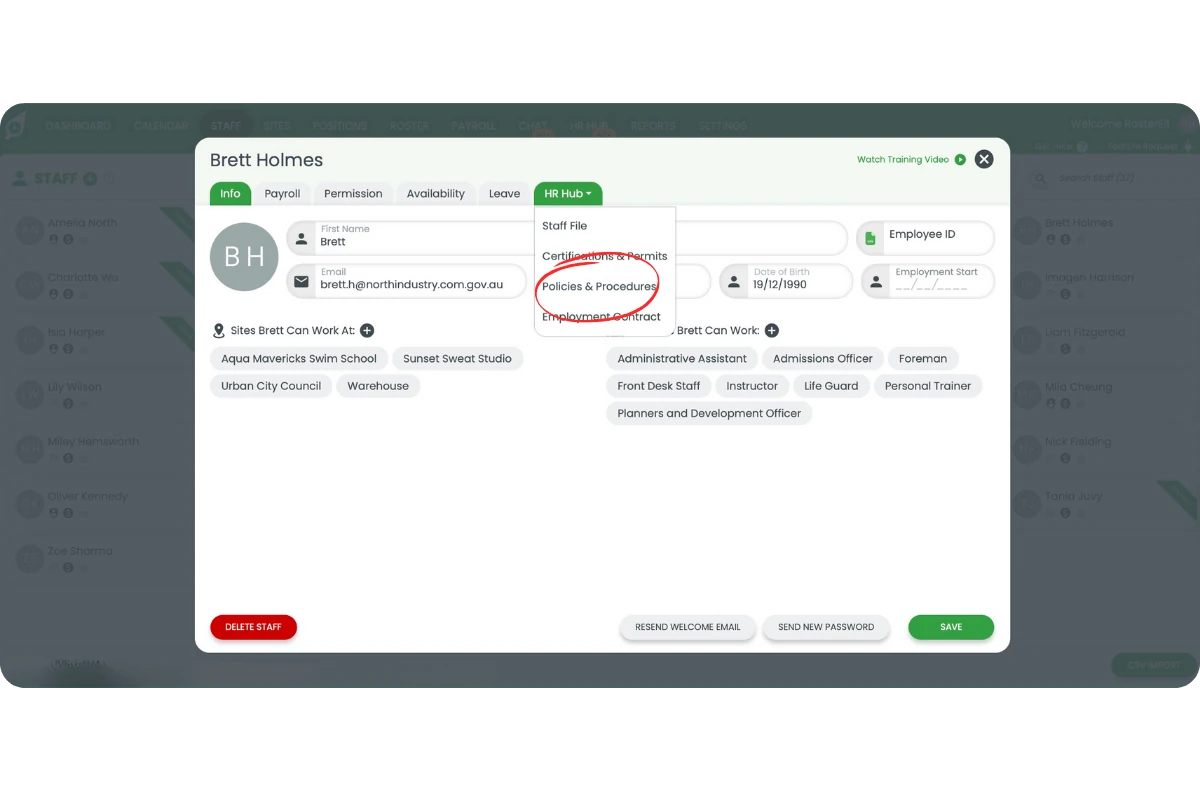 Policies & Procedures tab within the staff HR Hub