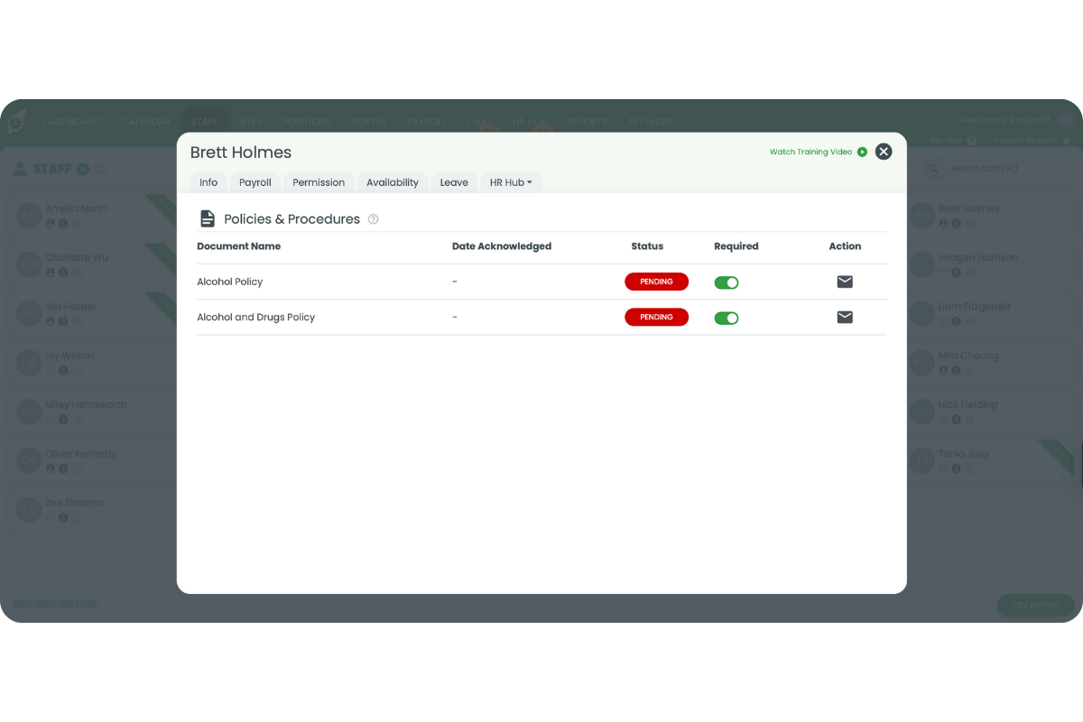 Policy acknowledgement list showing status, date acknowledged, and Required toggle