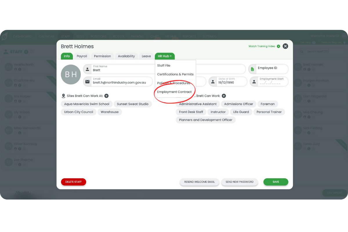 Employment Contract tab opened for the selected staff member