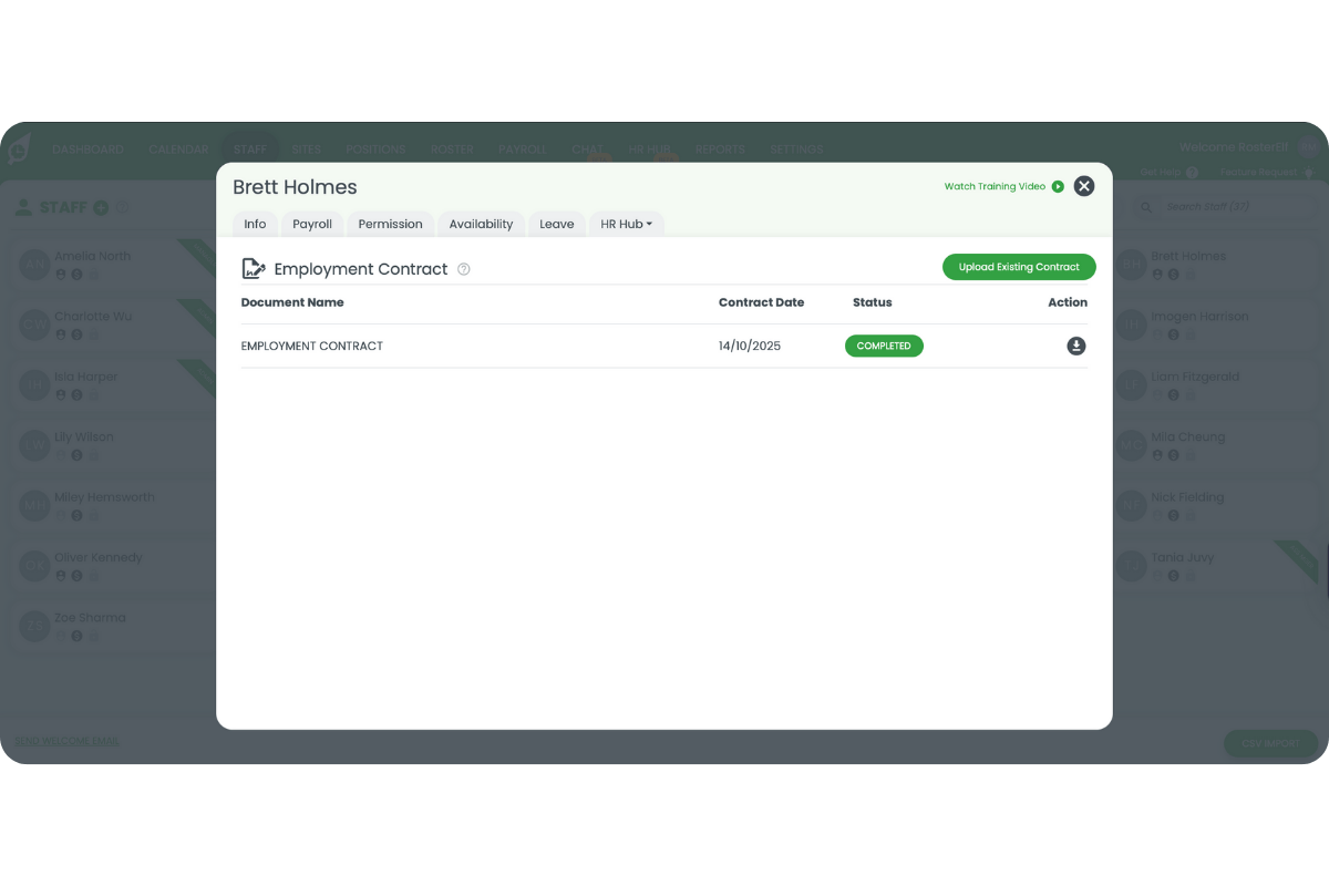 Employment contracts list with dates, status, and download or upload actions