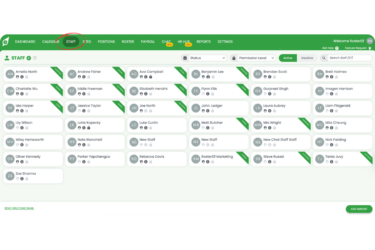 Top navigation bar with the Staff tab highlighted