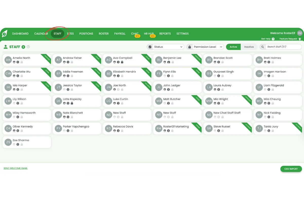 Top navigation bar with the Staff tab highlighted
