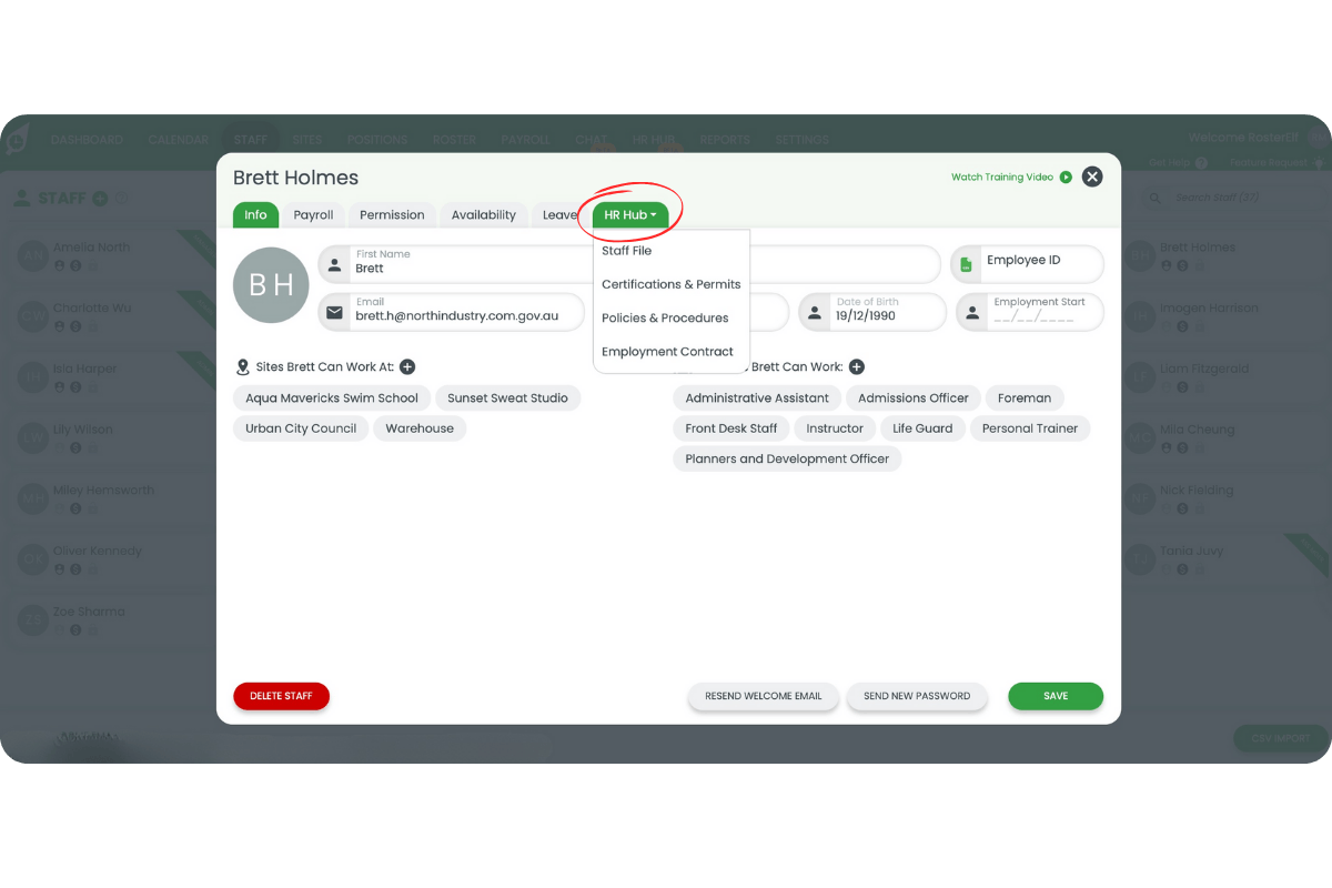 Staff profile screen with the HR Hub tab visible at the top right