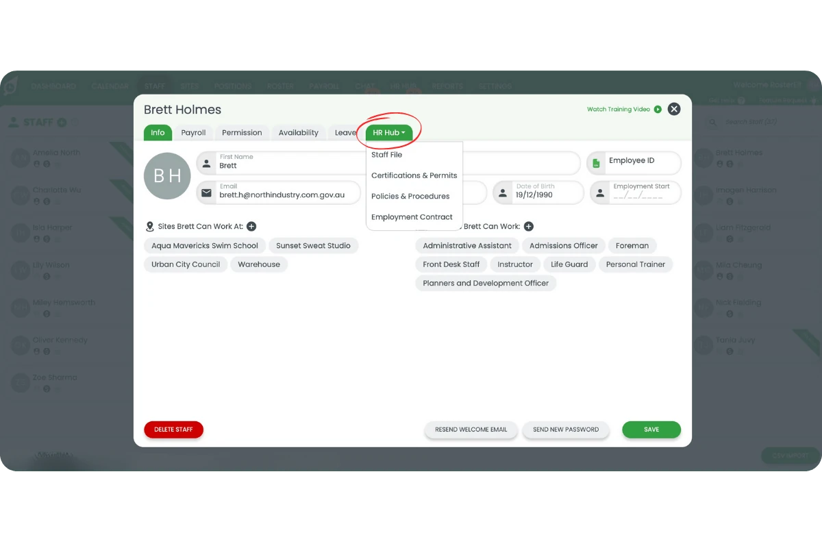 Staff profile screen with the HR Hub tab visible at the top right