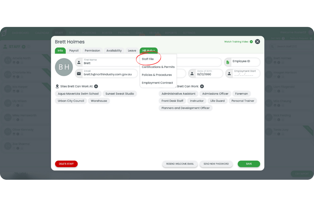 HR Hub dropdown with the Staff File section opened