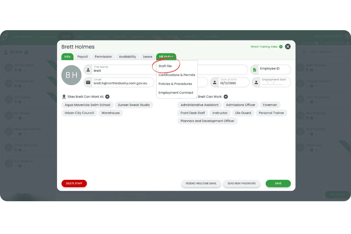 HR Hub dropdown with the Staff File section opened