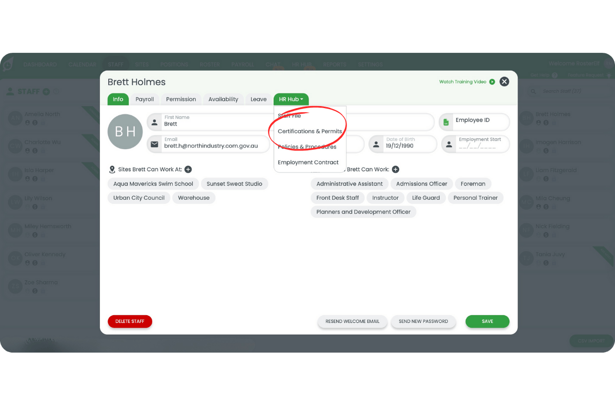 Certifications & Permits tab opened within the staff profile