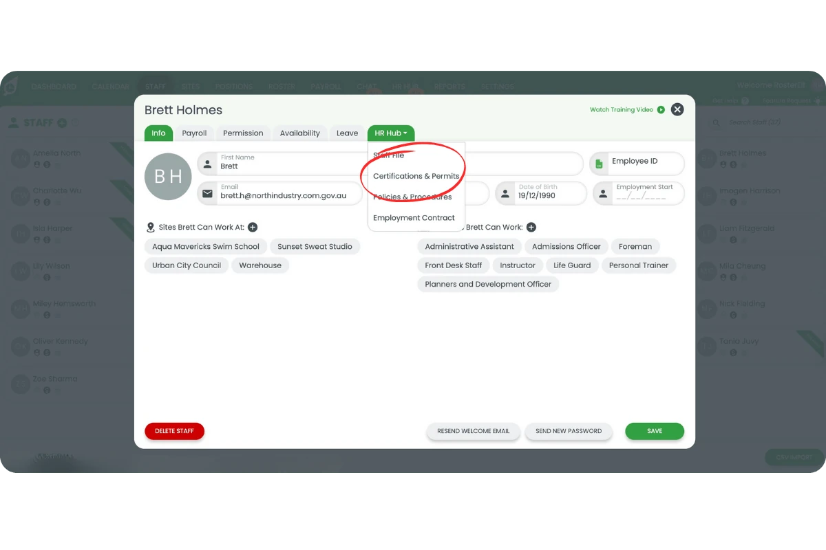 Certifications & Permits tab opened within the staff profile