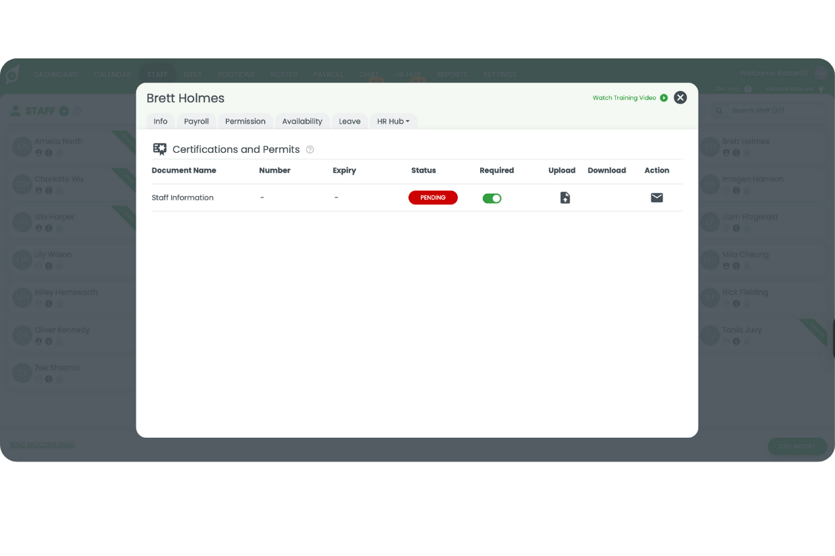 Certifications list showing name, number, expiry, status, Required toggle, and action icons for upload, mail, and download