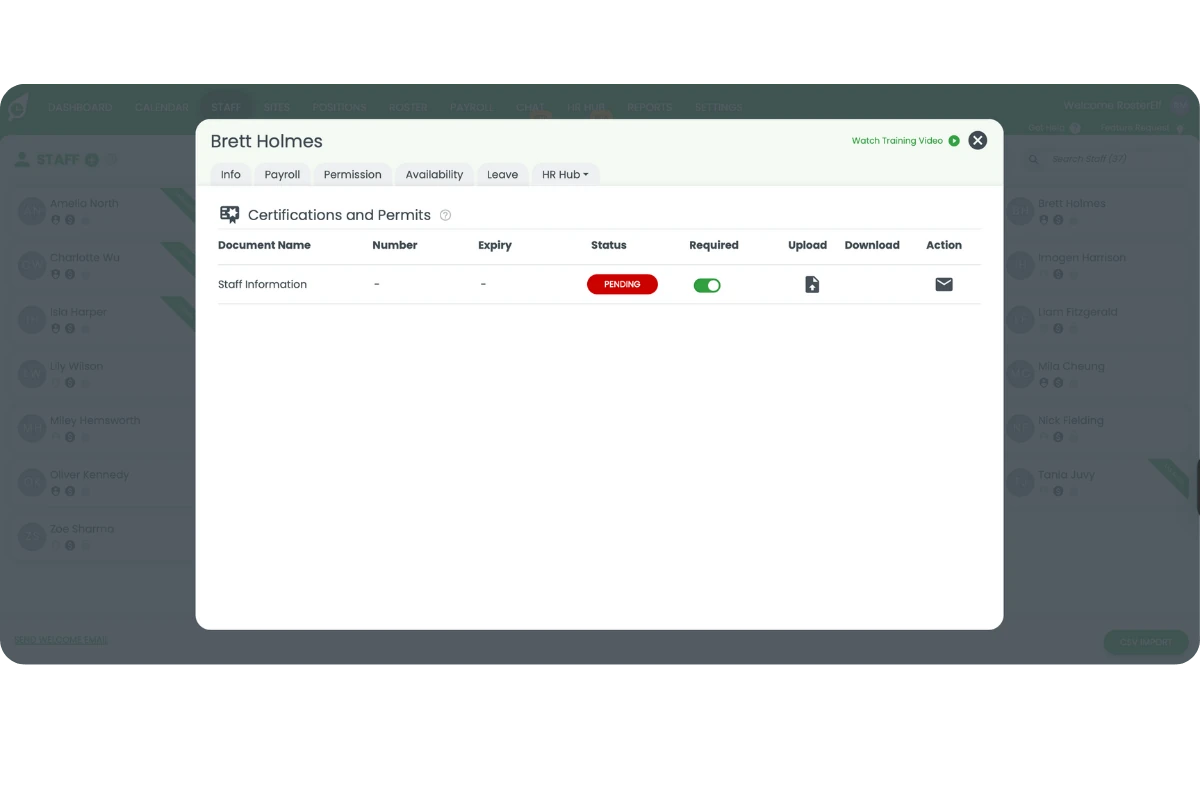 Certifications list showing name, number, expiry, status, Required toggle, and action icons for upload, mail, and download