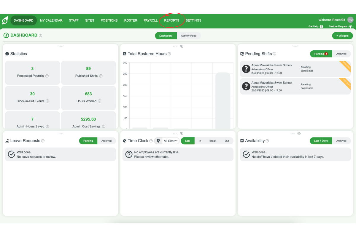 Screenshot highlighting the Reports option in RosterElf's top menu