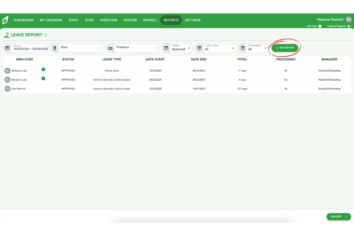 Screenshot highlighting the Run Report button for applying filters