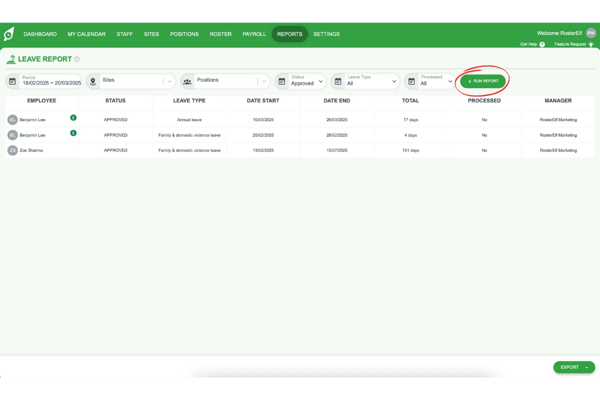 Screenshot highlighting the Run Report button for applying filters