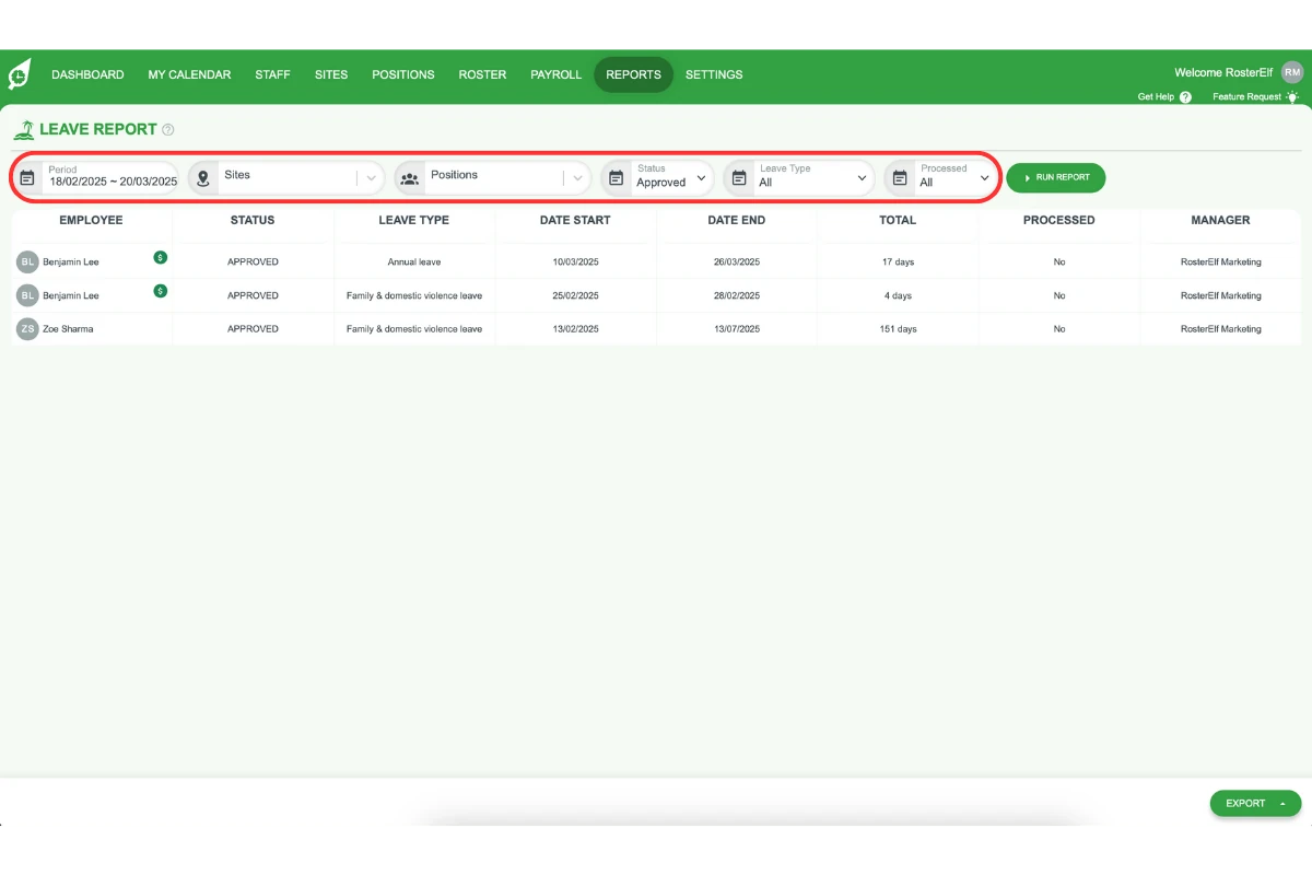 Screenshot showing filter settings available for customizing the Leave Report