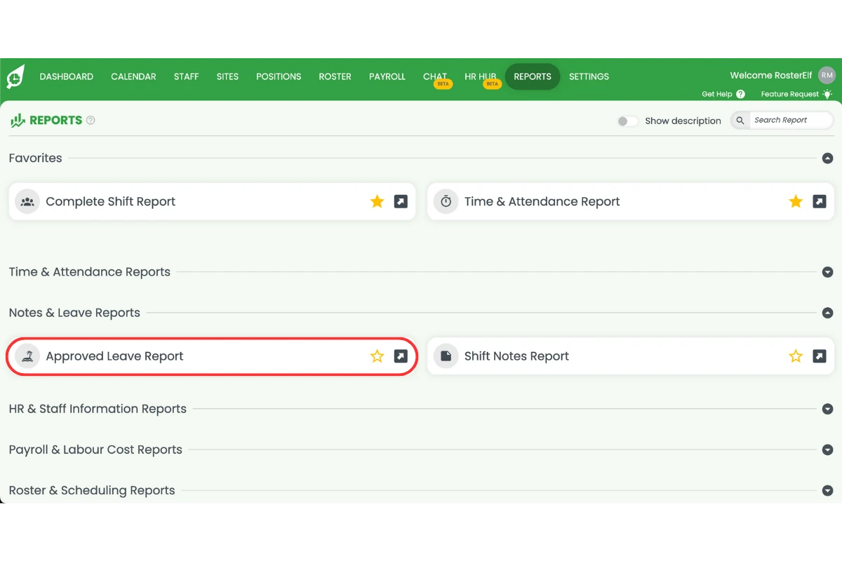 Screenshot showing the Leave Report option in the Reports page
