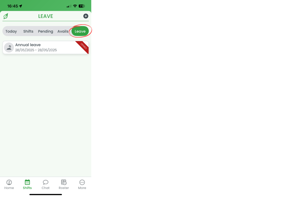 Leave tab selected within Shifts screen showing past leave request