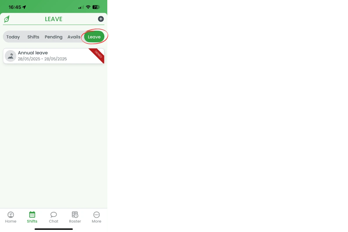 Leave tab selected within Shifts screen showing past leave request