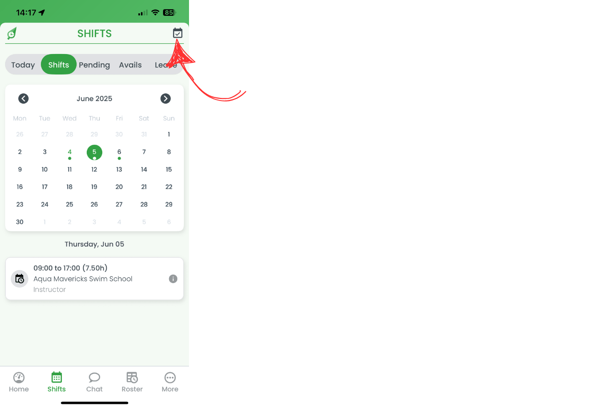 Today shortcut in RosterElf calendar