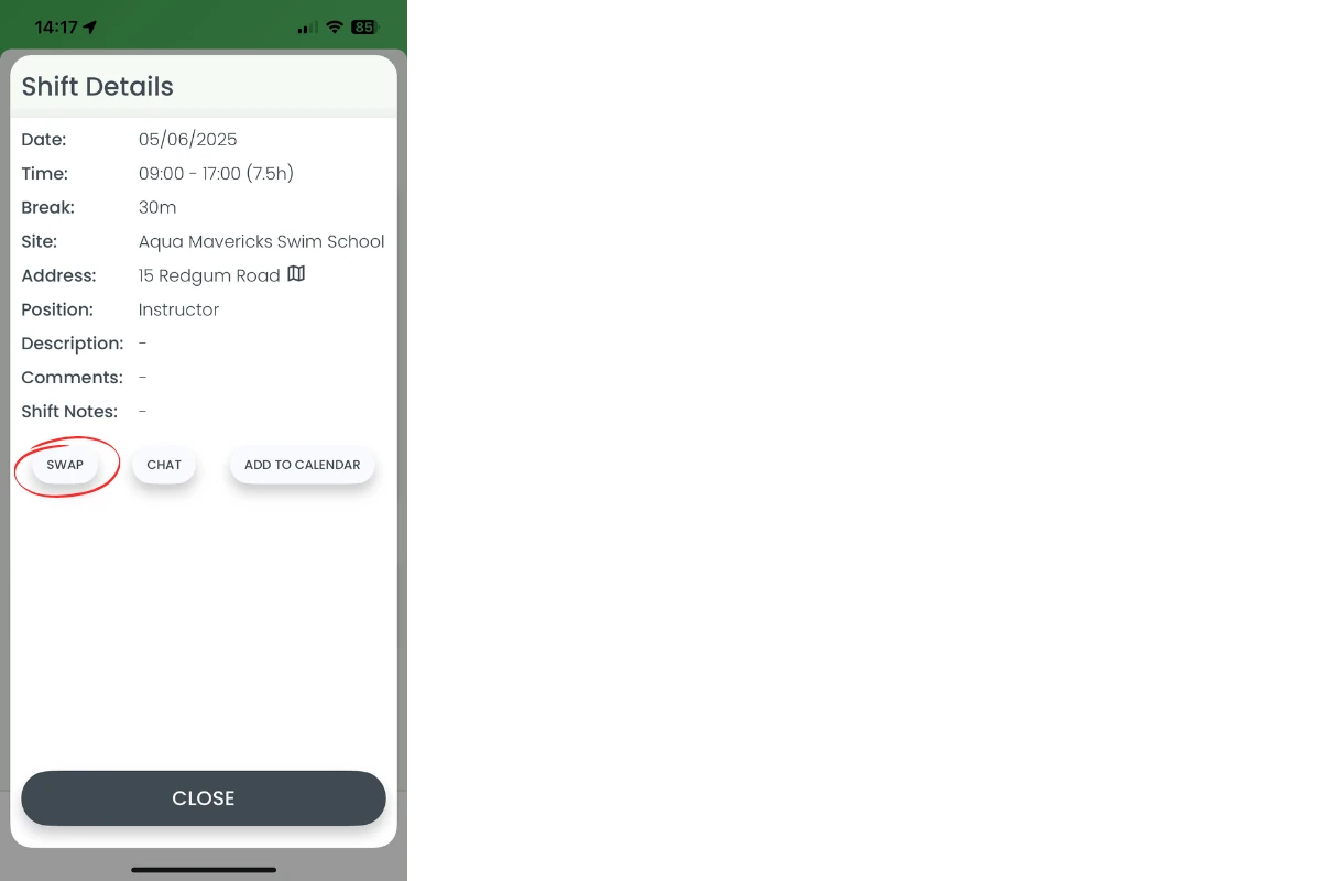Swap button in RosterElf shift modal