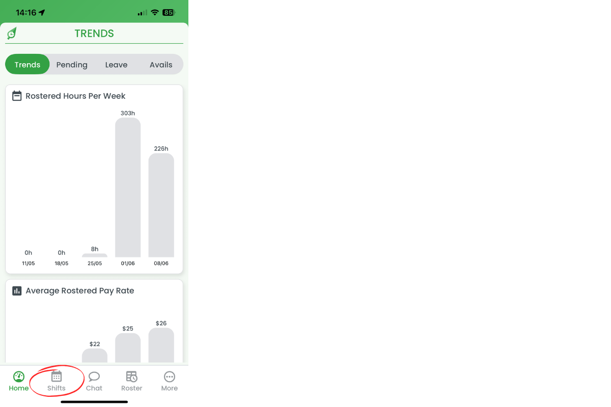 RosterElf navigation bar highlighting Shifts icon