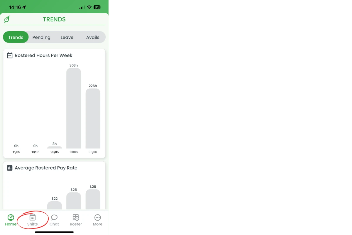 RosterElf navigation bar highlighting Shifts icon