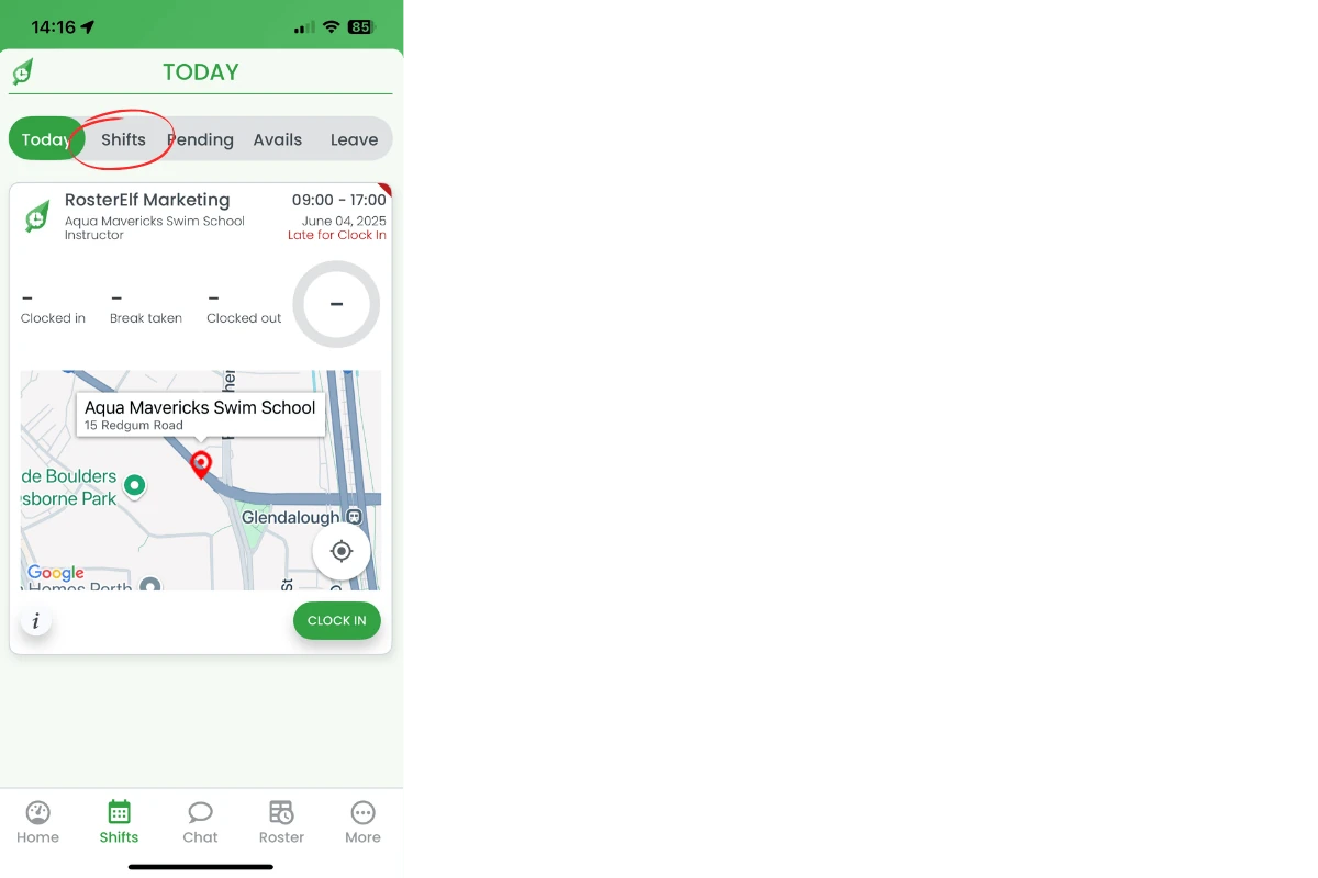 RosterElf Shifts tab displaying rostered shifts