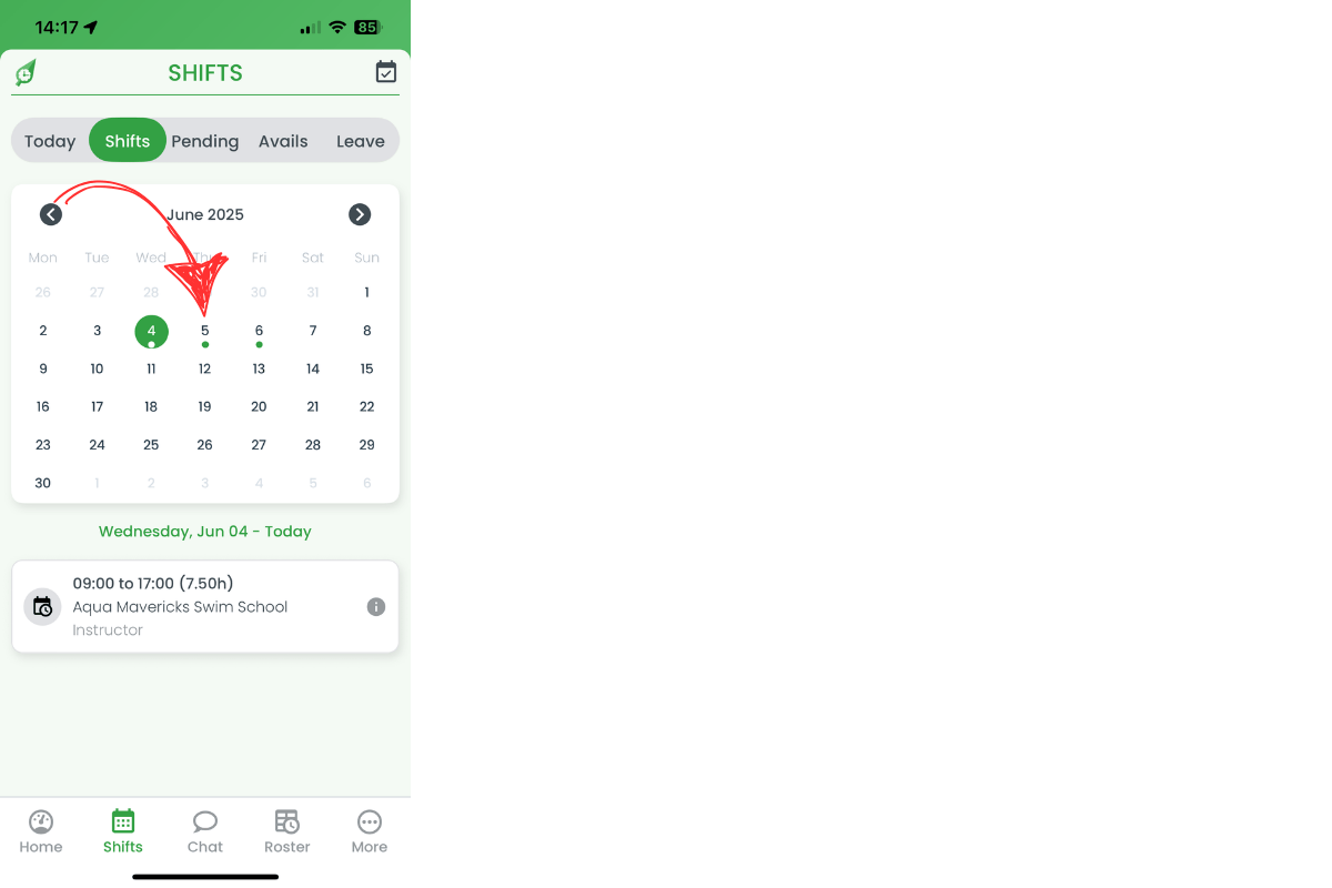 RosterElf calendar view with green dot under rostered day