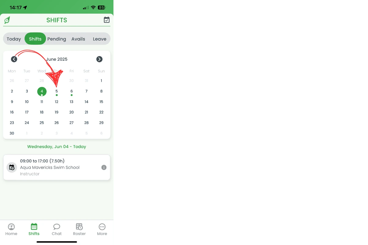 RosterElf calendar view with green dot under rostered day
