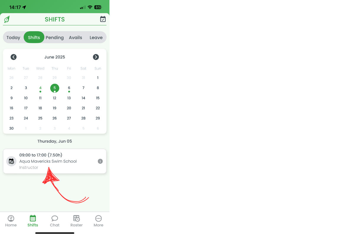 Shift card selected in RosterElf
