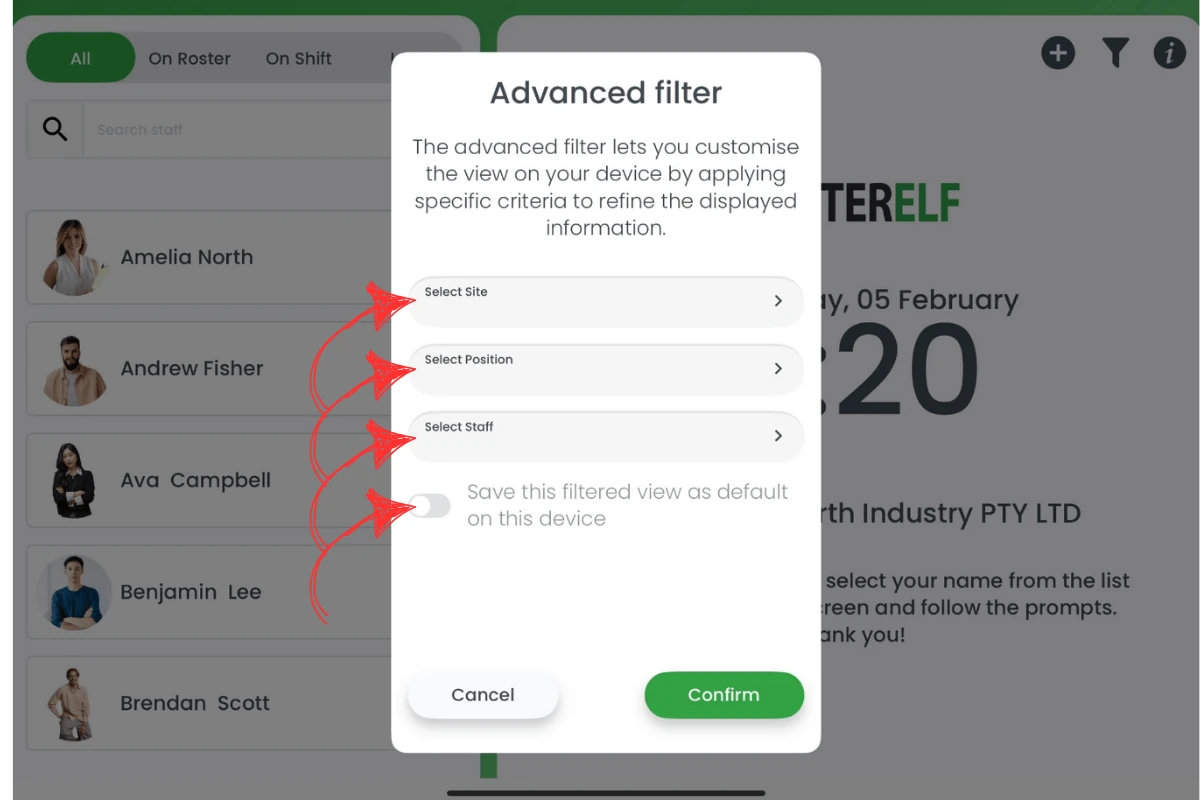 Screenshot showing the RosterElf Time Clock advanced filter settings