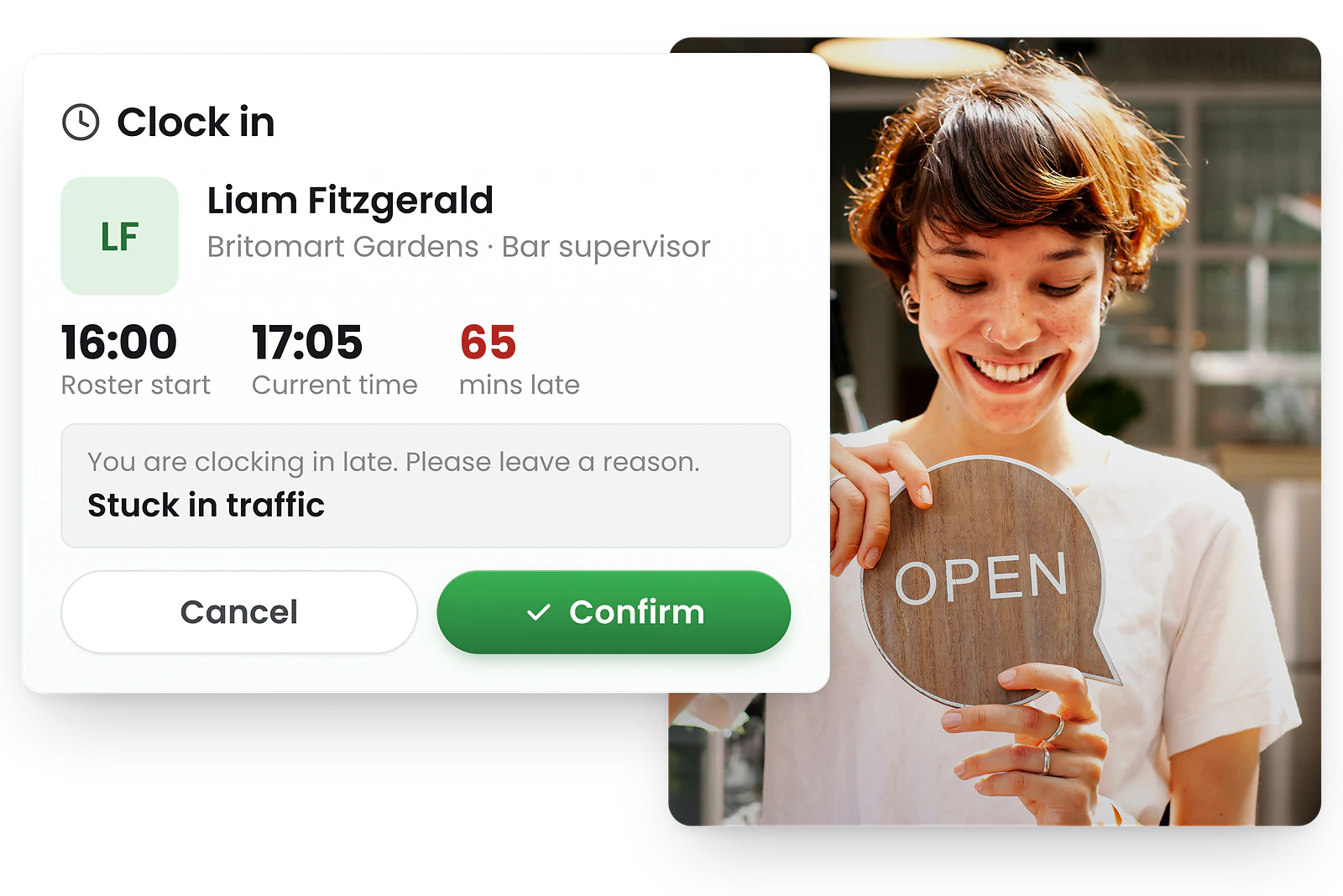 RosterElf tablet kiosk showing clock in screen with employee photo and shift details