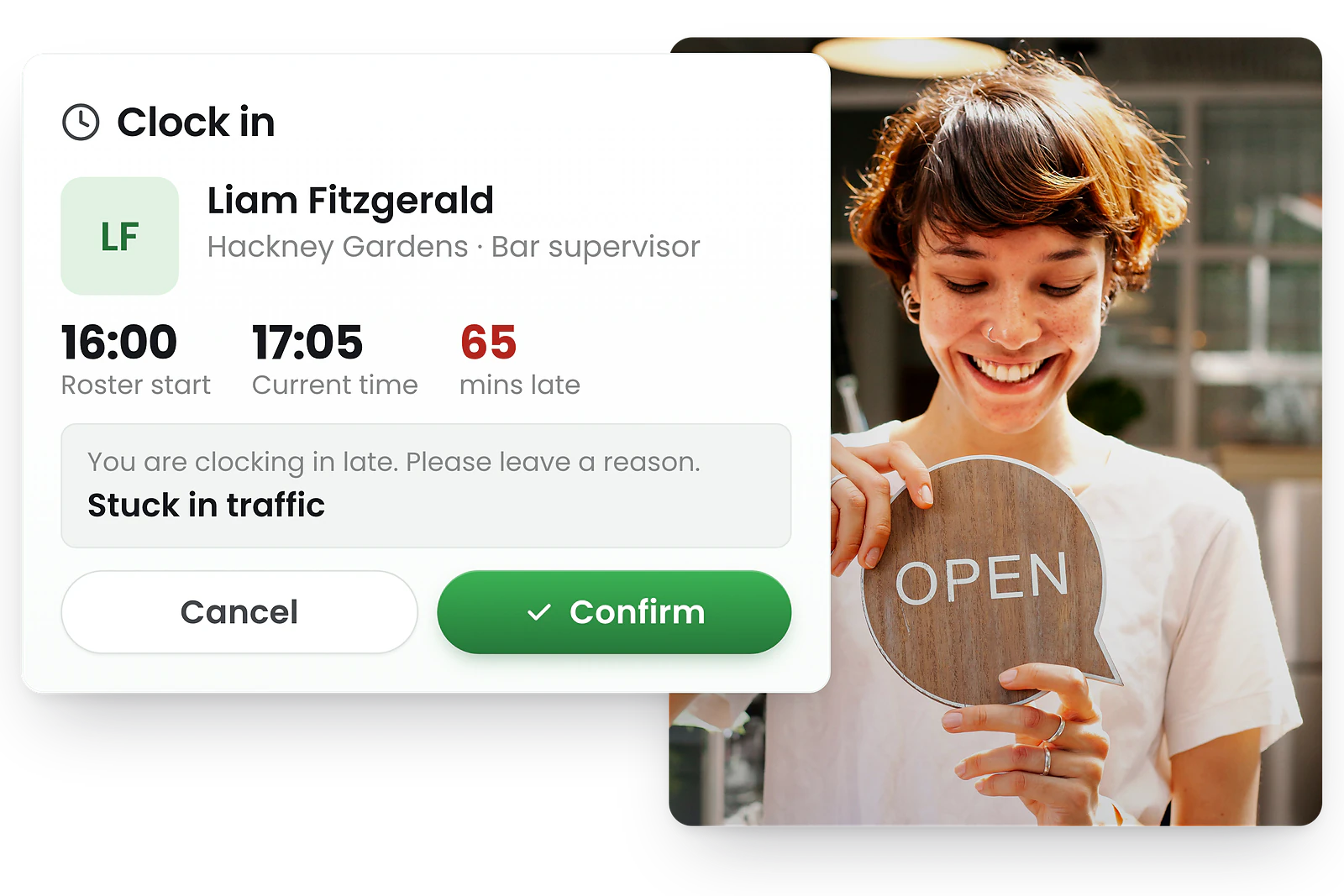 RosterElf tablet kiosk showing clock in screen with employee photo and shift details