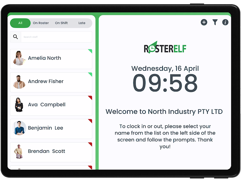 RosterElf tablet kiosk showing clock in screen with employee photo and shift details