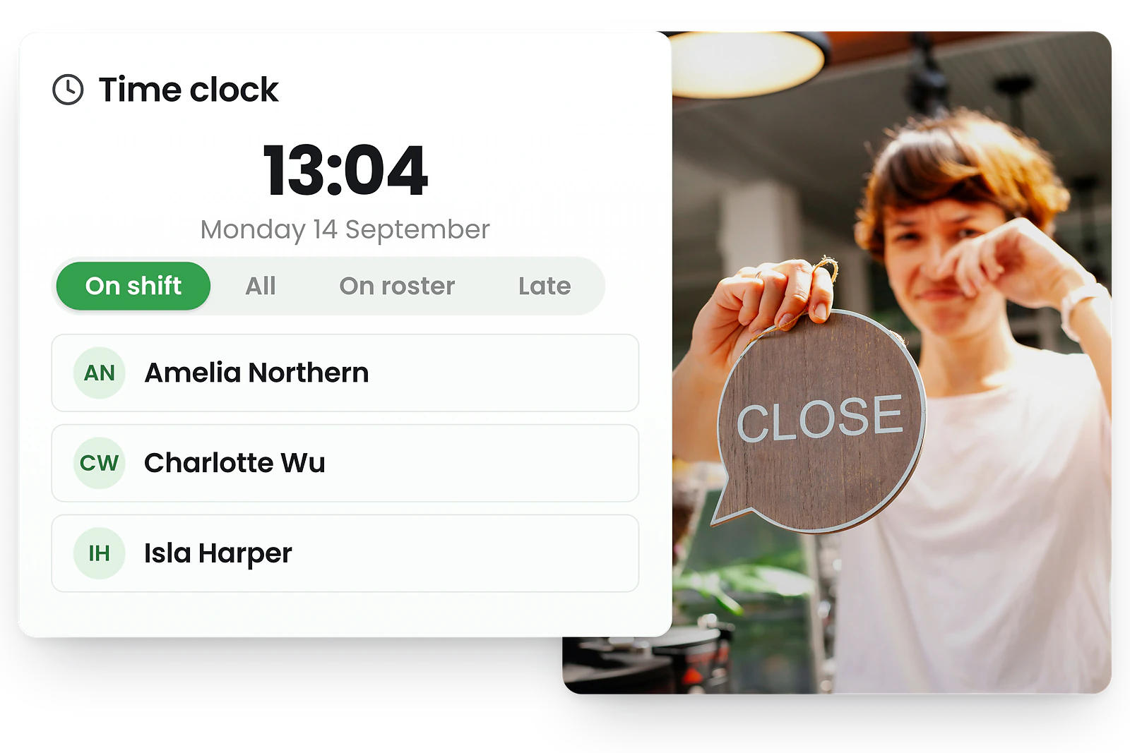RosterElf live time clock dashboard showing employee clock-in status with Late, In, Break, and Out filters