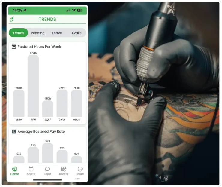 Tattoo studio workforce management software showing rostering interface