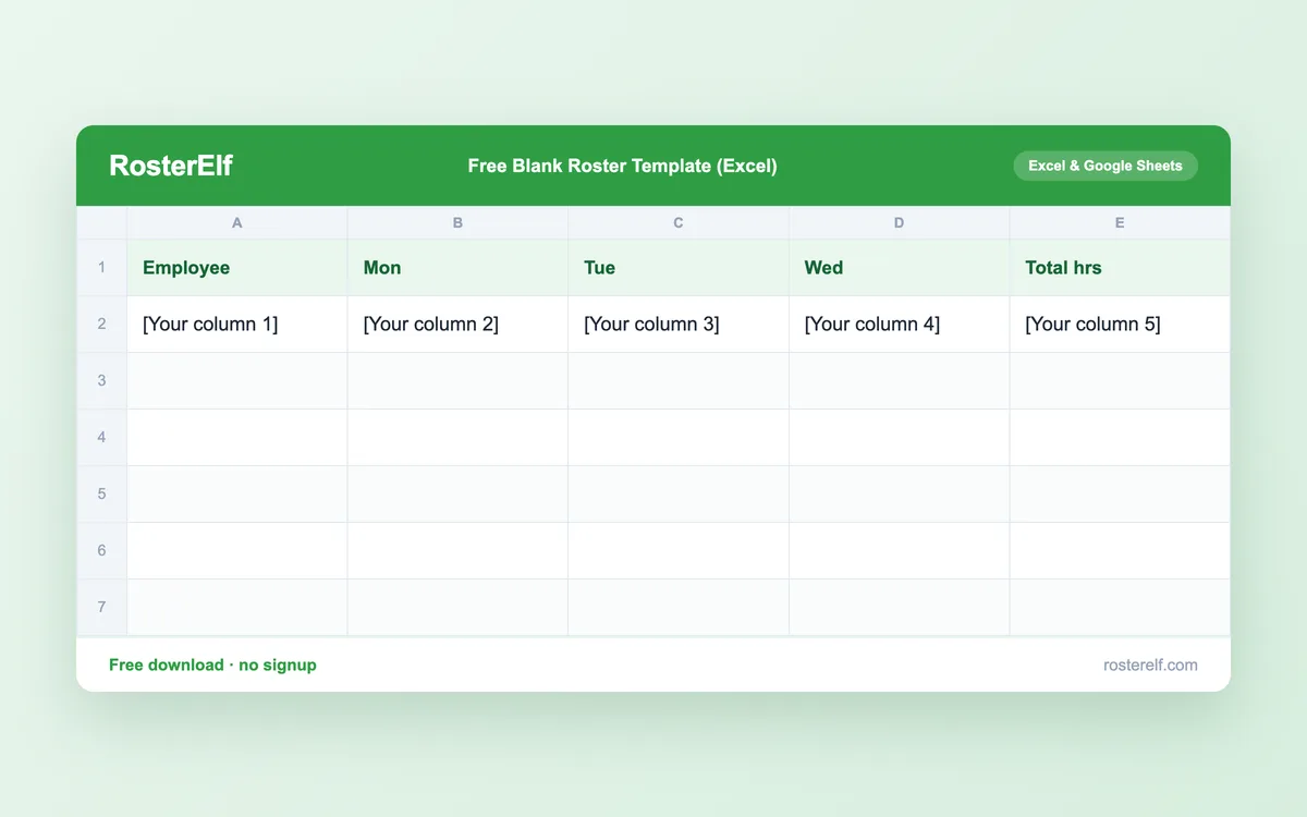 Preview of RosterElf's free blank staff roster Excel template, a clean customisable weekly grid