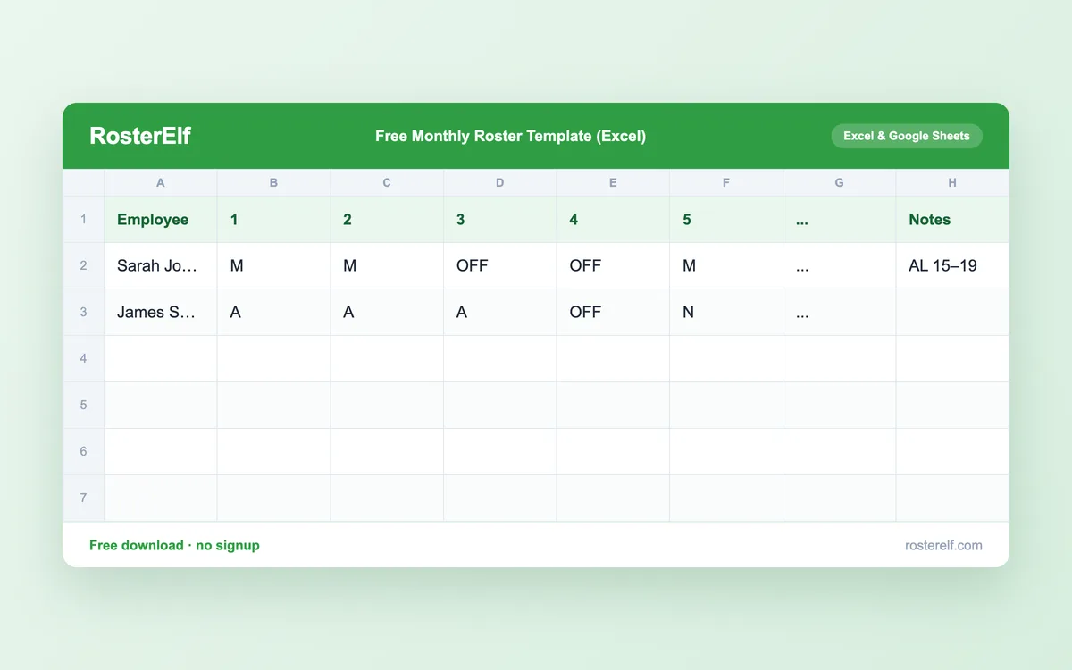 Preview of RosterElf's free monthly roster Excel template, showing staff shifts and leave across a full month