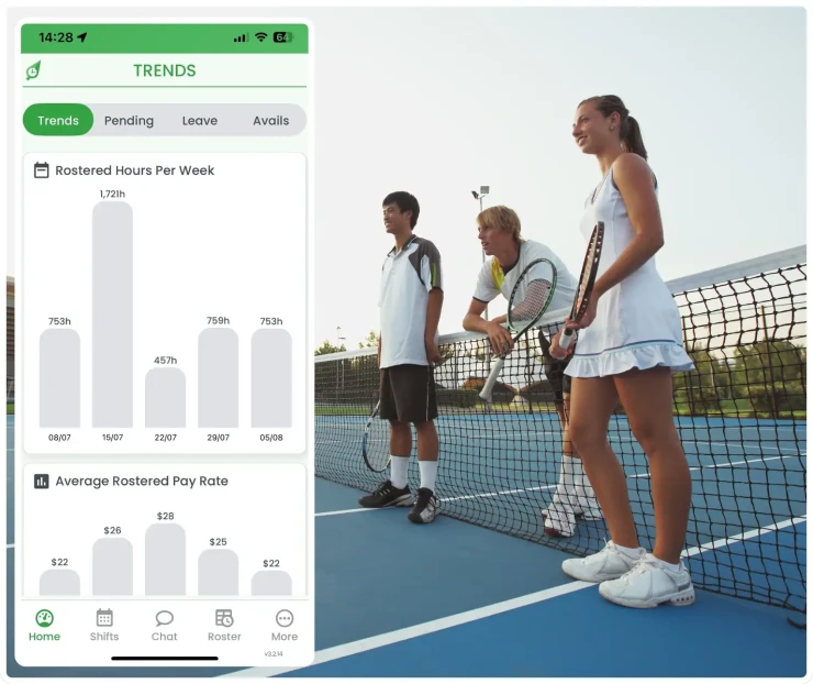 Tennis club workforce management software showing rostering interface